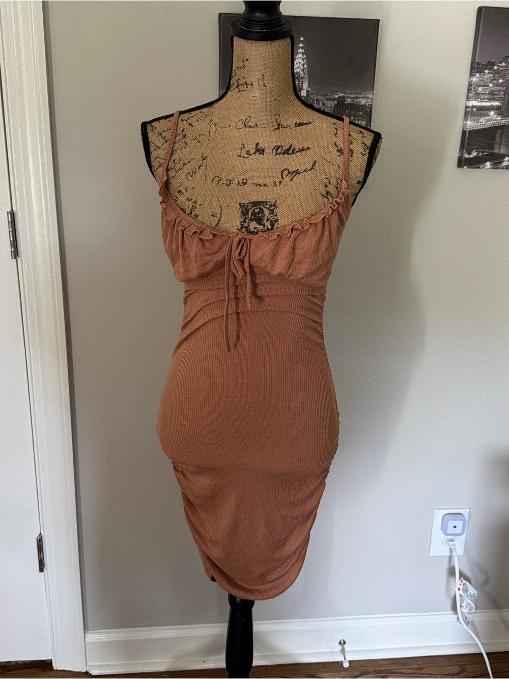 Blue Blush Rust Ribbed Spaghetti-Strap Bodycon Dress